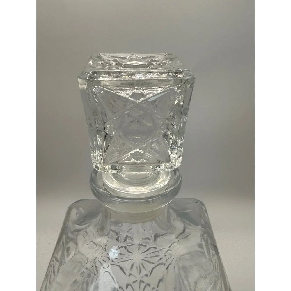 Vintage Clear Glass Square Liquor Decanter with Starburst Diamond Cut Pattern